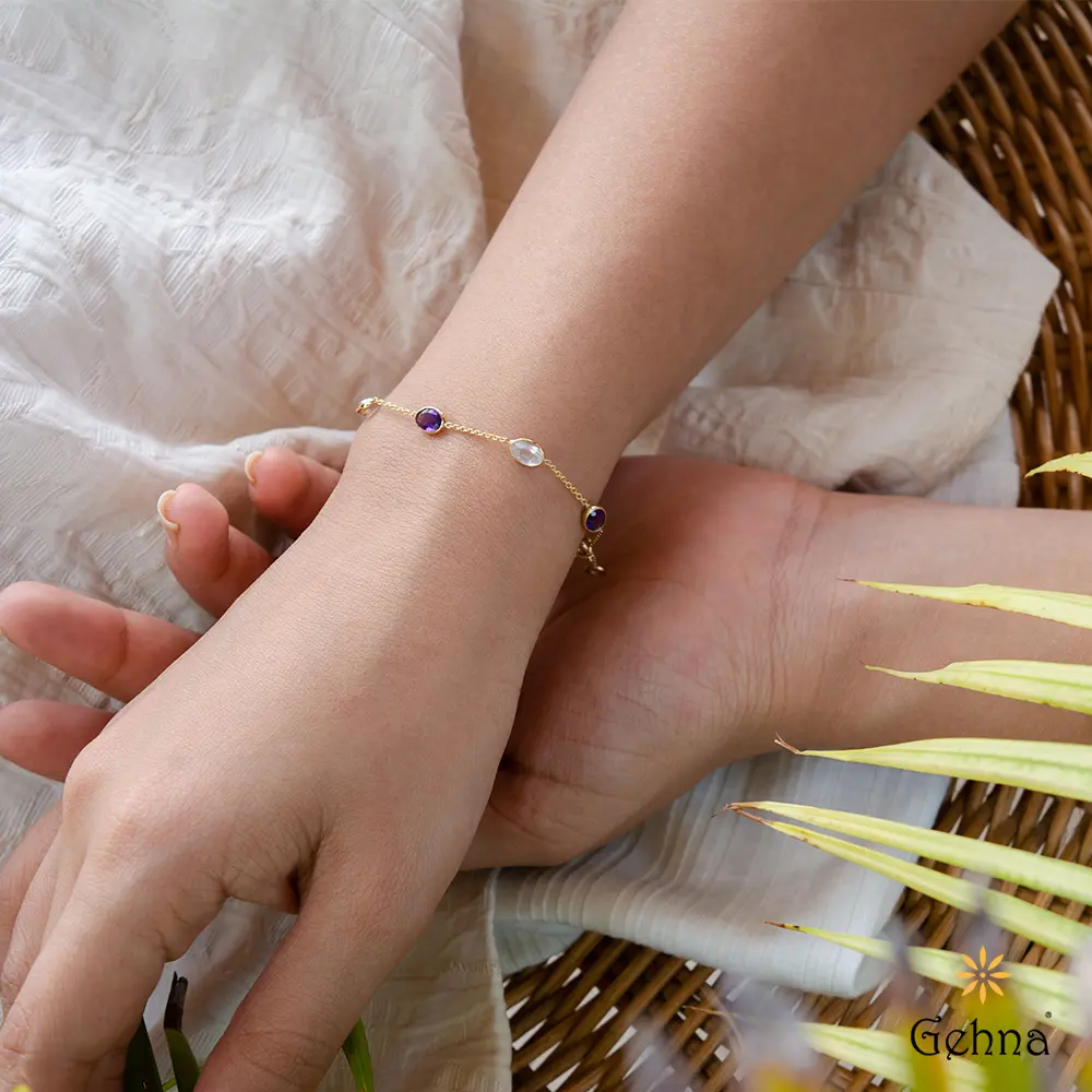Elegant Rose Quartz & Amethyst 18K Gold Bracelet : GHCUCSBGRR-4169