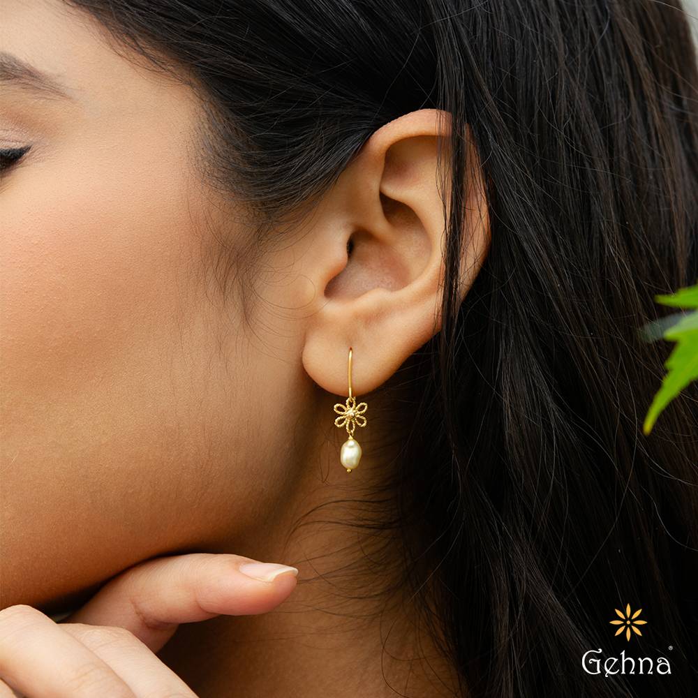 Filigree Pearl 18K Gold Dangle Earrings : GHCUCSER-7020