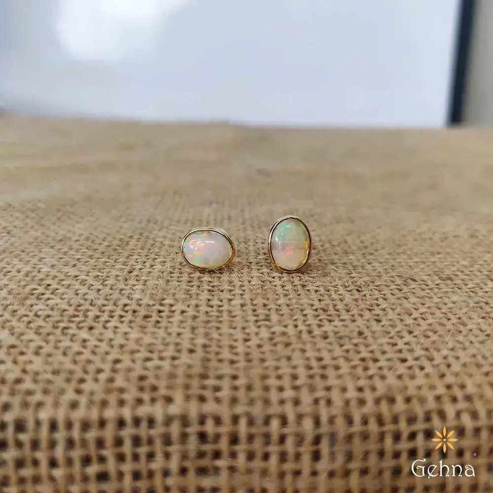 Classy Ethiopian Opal Stud 18K Gold Earrings : GHCUCSERRR-3743
