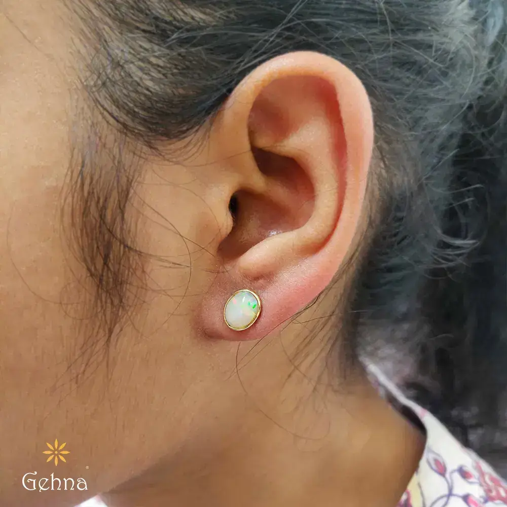 Classy Ethiopian Opal Stud 18K Gold Earrings : GHCUCSERRR-3743