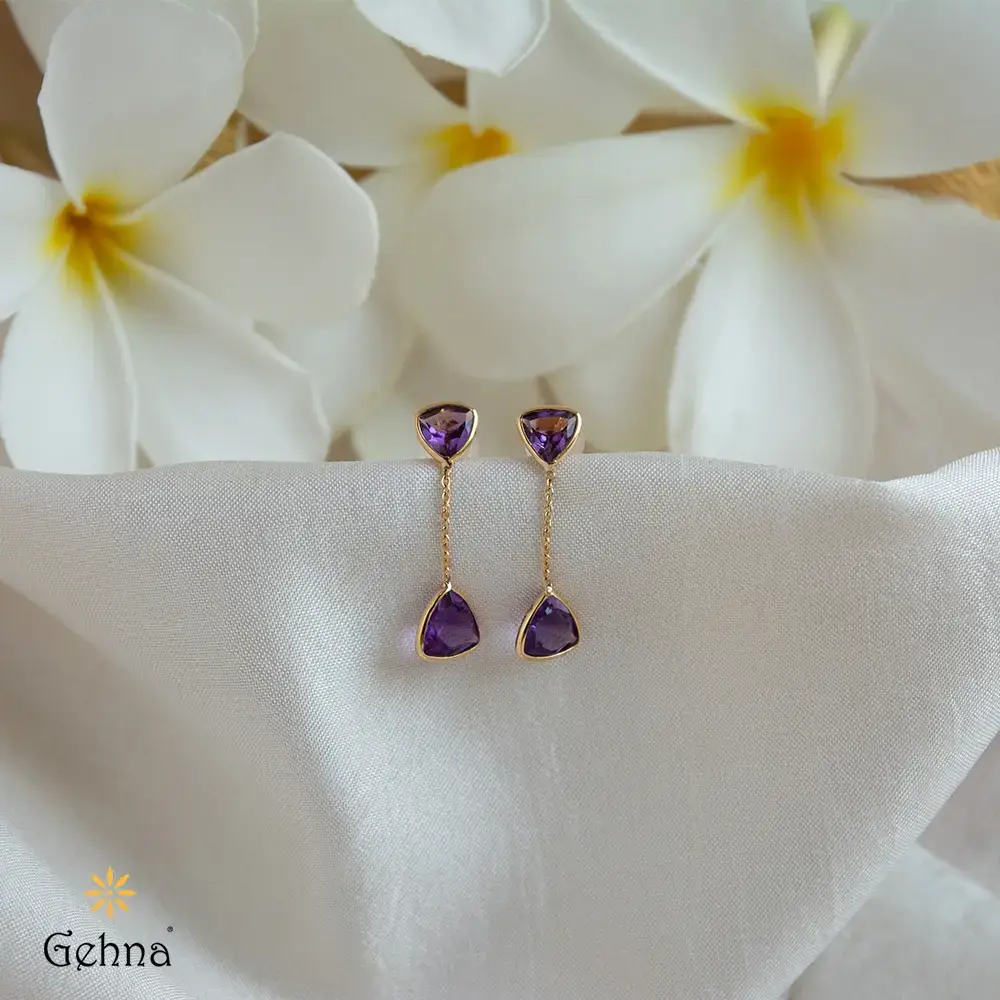 Joyful Amethyst 18K Gold Drop Earrings : GHCUCSERRR-4574