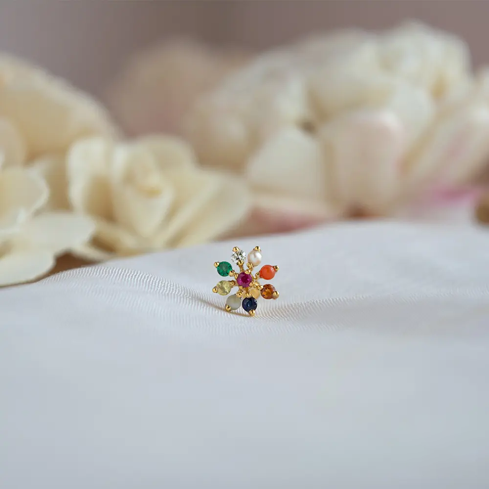 Festive Navaratna 22K Gold Nosepin : GHCUDICSNP-4587