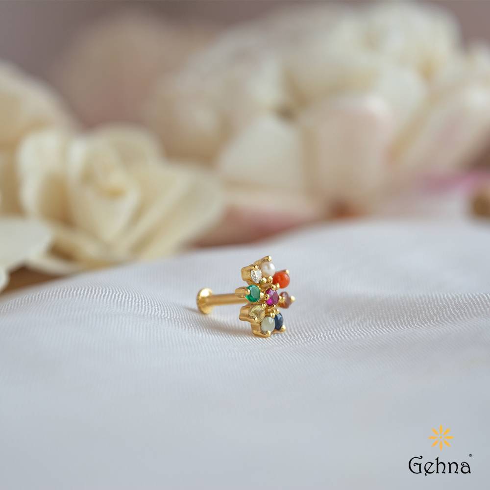 Festive Navaratna 22K Gold Nosepin : GHCUDICSNP-4587