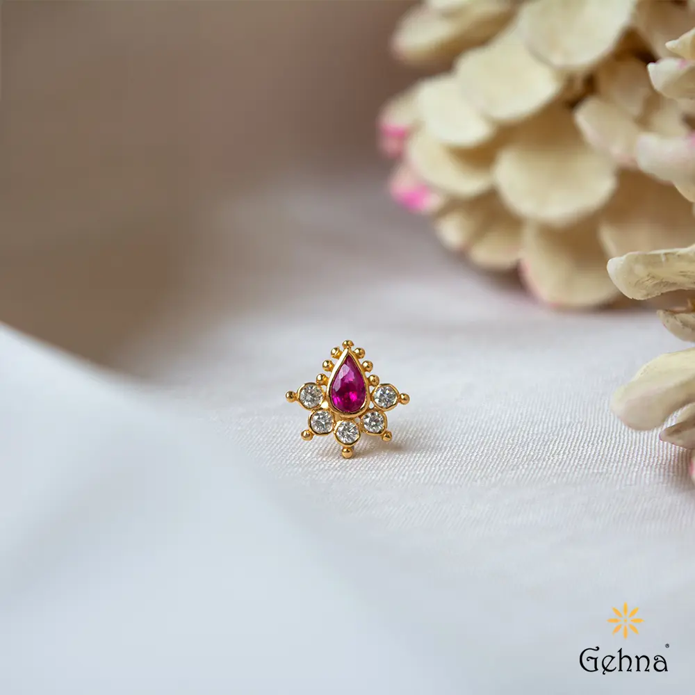 Vibrant Ruby & Diamond 22K Gold Nosepin : GHCUDICSNP-5932