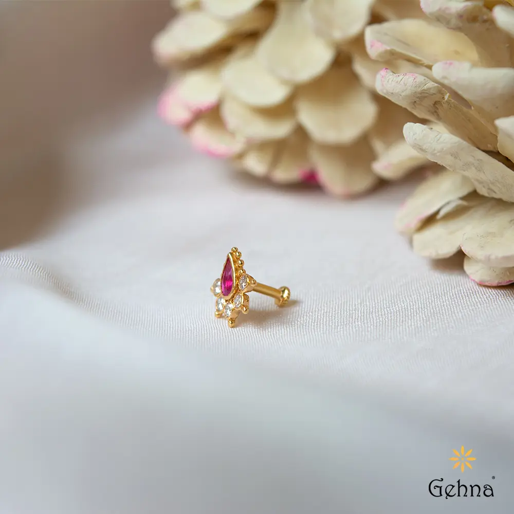 Vibrant Ruby & Diamond 22K Gold Nosepin : GHCUDICSNP-5932
