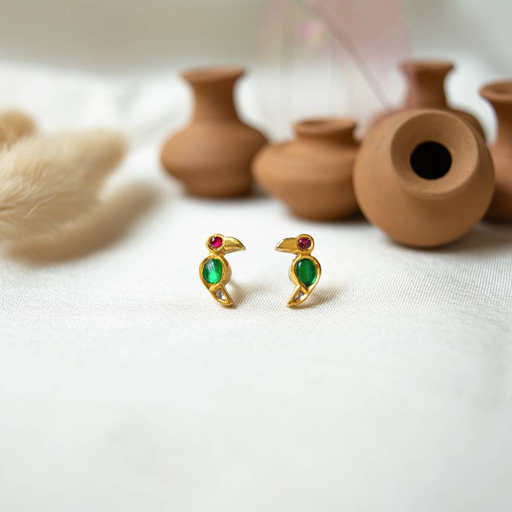Elegant Bird Ruby, Diamond & Emerald 18K Gold Stud Earrings : GHDICSER-6272