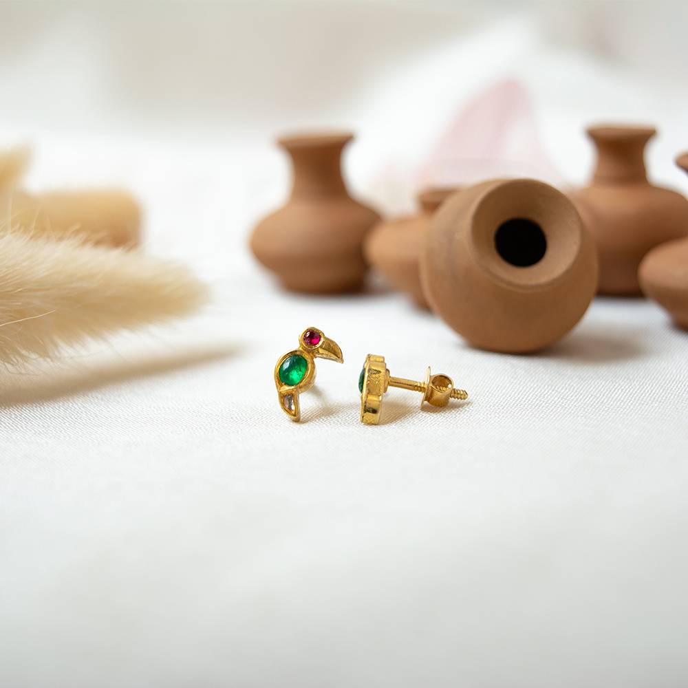 Elegant Bird Ruby, Diamond & Emerald 18K Gold Stud Earrings : GHDICSER-6272