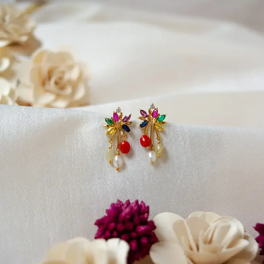 Contemporary Navaratna 18K Gold Dangle Earrings 18K Gold Multi  Vvs-1