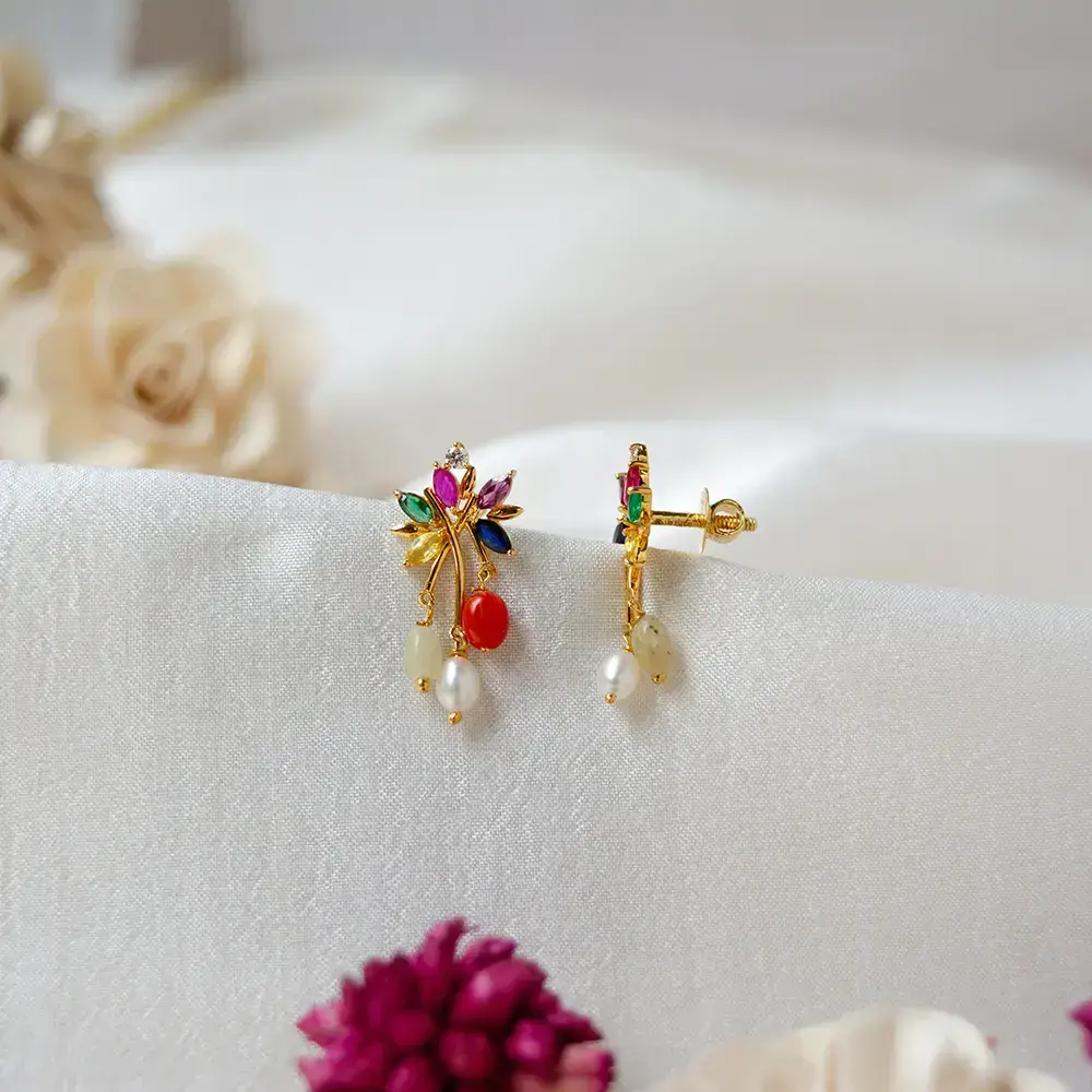 Contemporary Navaratna 18K Gold Dangle Earrings : GHDICSER-6656