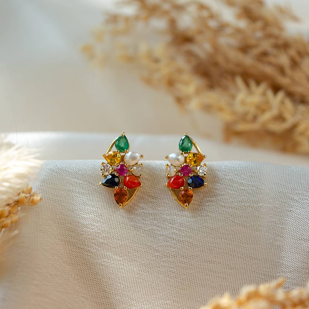 Classic Navaratna 18K Gold Stud Earrings : GHDICSER-7137