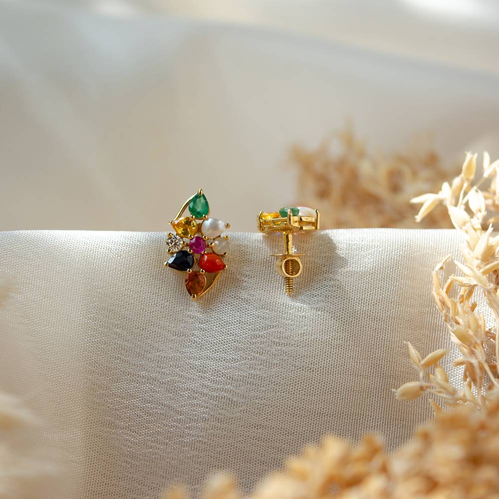 Classic Navaratna 18K Gold Stud Earrings : GHDICSER-7137
