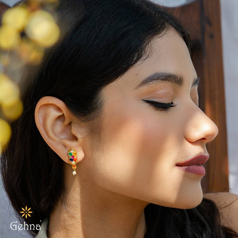 Ethereal Navaratna 18K Gold Dangle Earrings : GHDICSER-7141