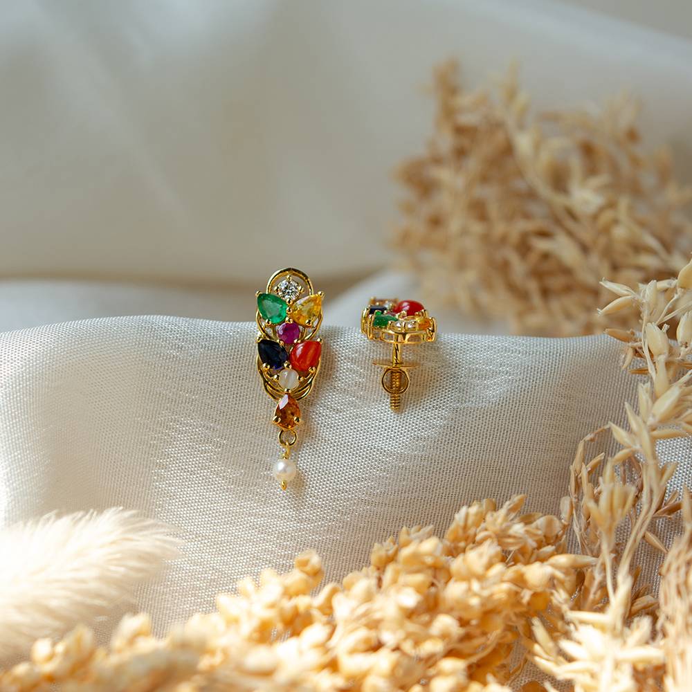 Ethereal Navaratna 18K Gold Dangle Earrings : GHDICSER-7141