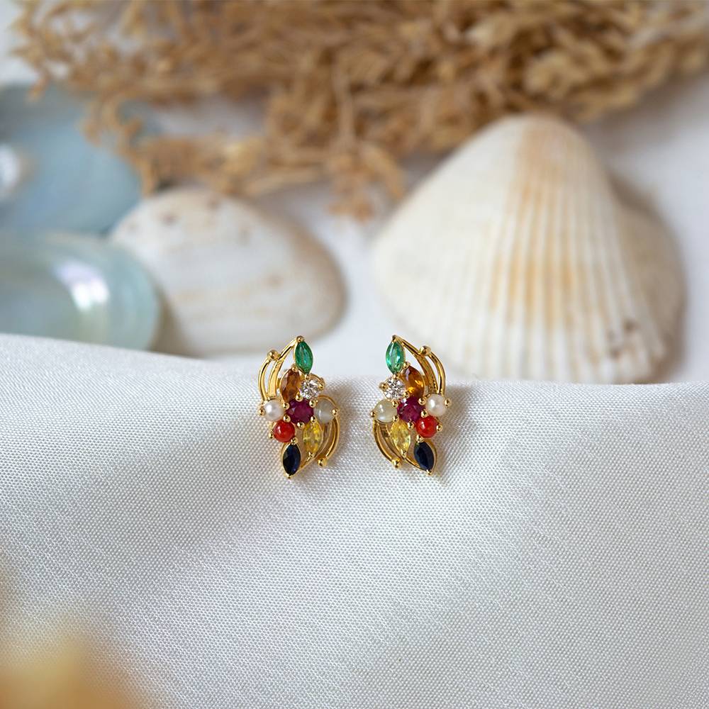 Graceful Navaratna 18K Gold Stud Earrings : GHDICSER-7146