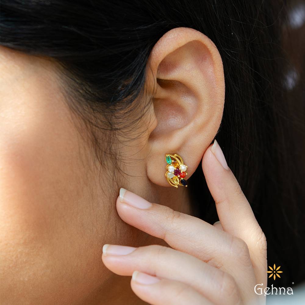 Graceful Navaratna 18K Gold Stud Earrings : GHDICSER-7146