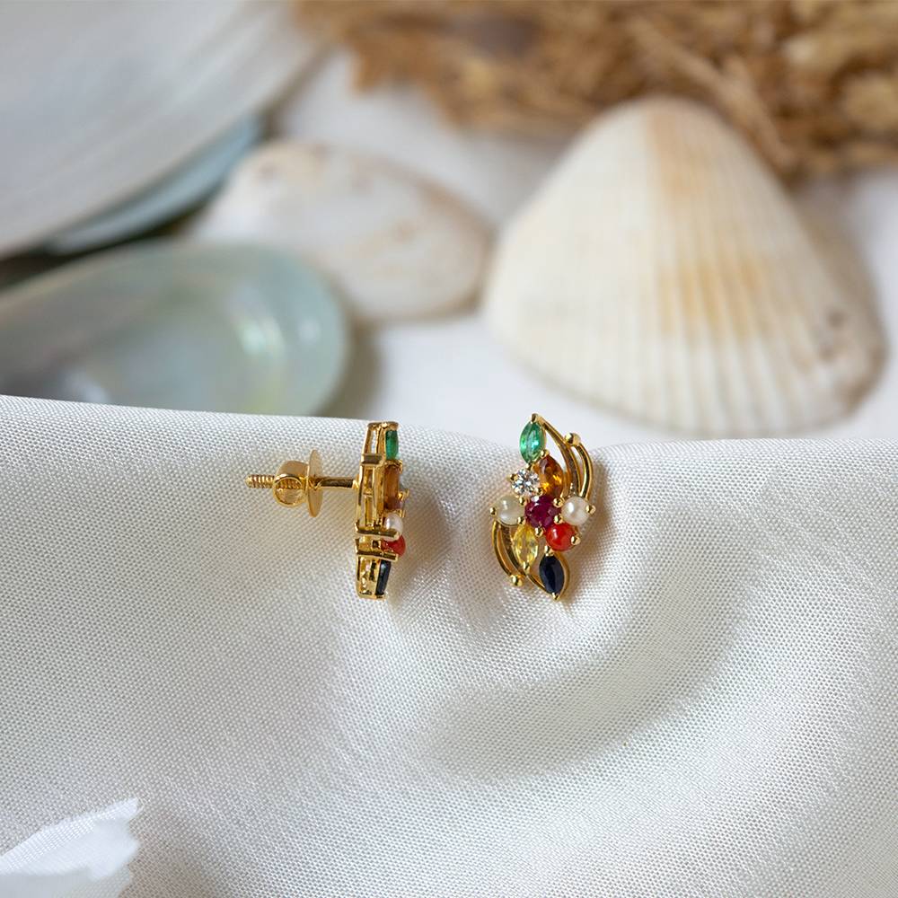Graceful Navaratna 18K Gold Stud Earrings : GHDICSER-7146