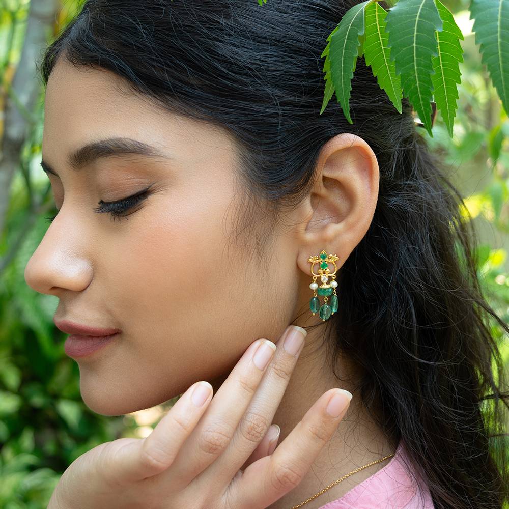 Ethereal Emerald, Pearl & Diamond 18K Gold Dangle Earrings : GHDICSER-7271