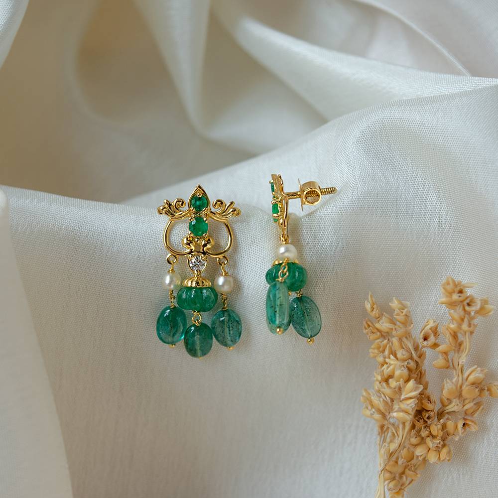 Ethereal Emerald, Pearl & Diamond 18K Gold Dangle Earrings : GHDICSER-7271
