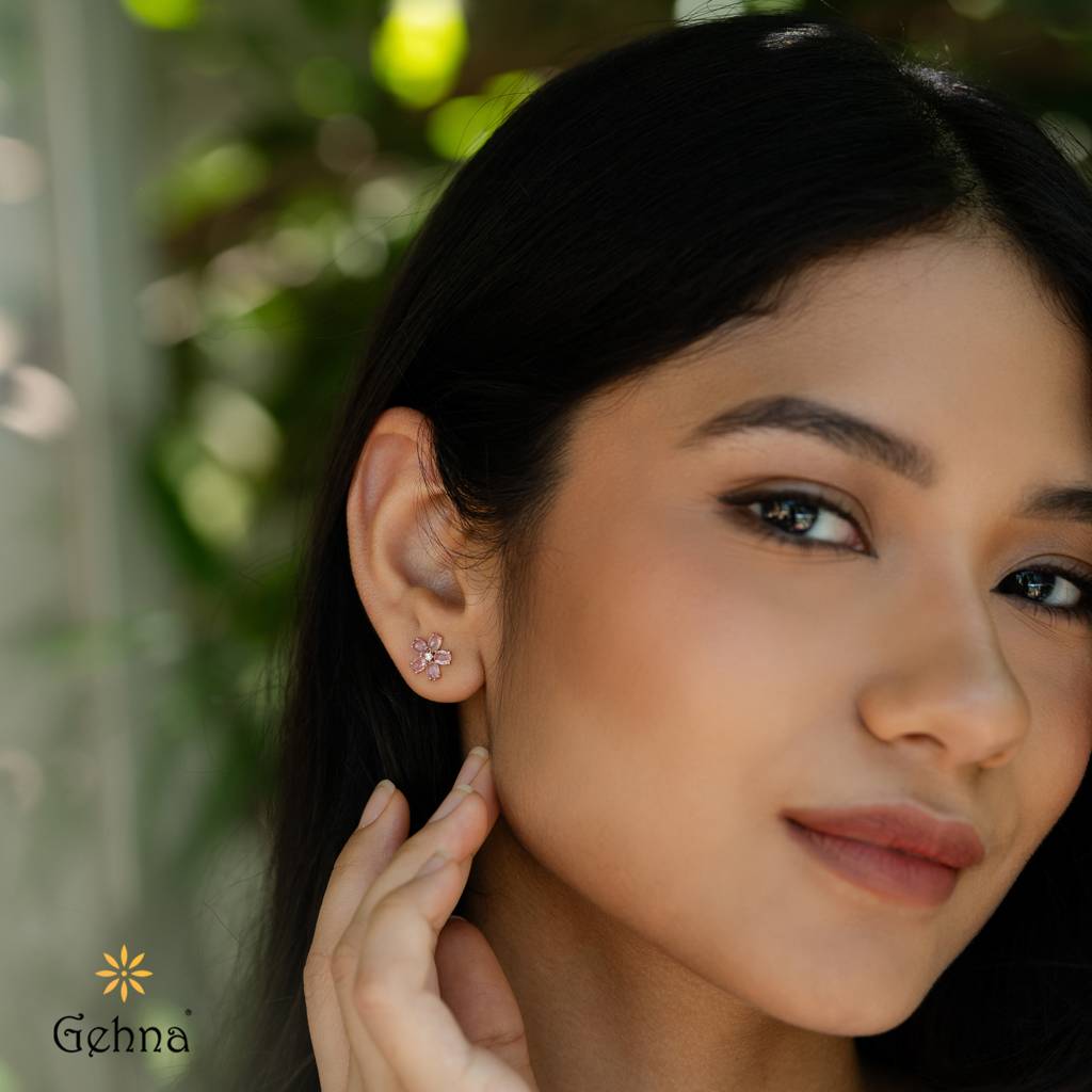 Blossoming Pink Sapphire & Diamond Gold Stud Earrings : GHDICSERRR-7667
