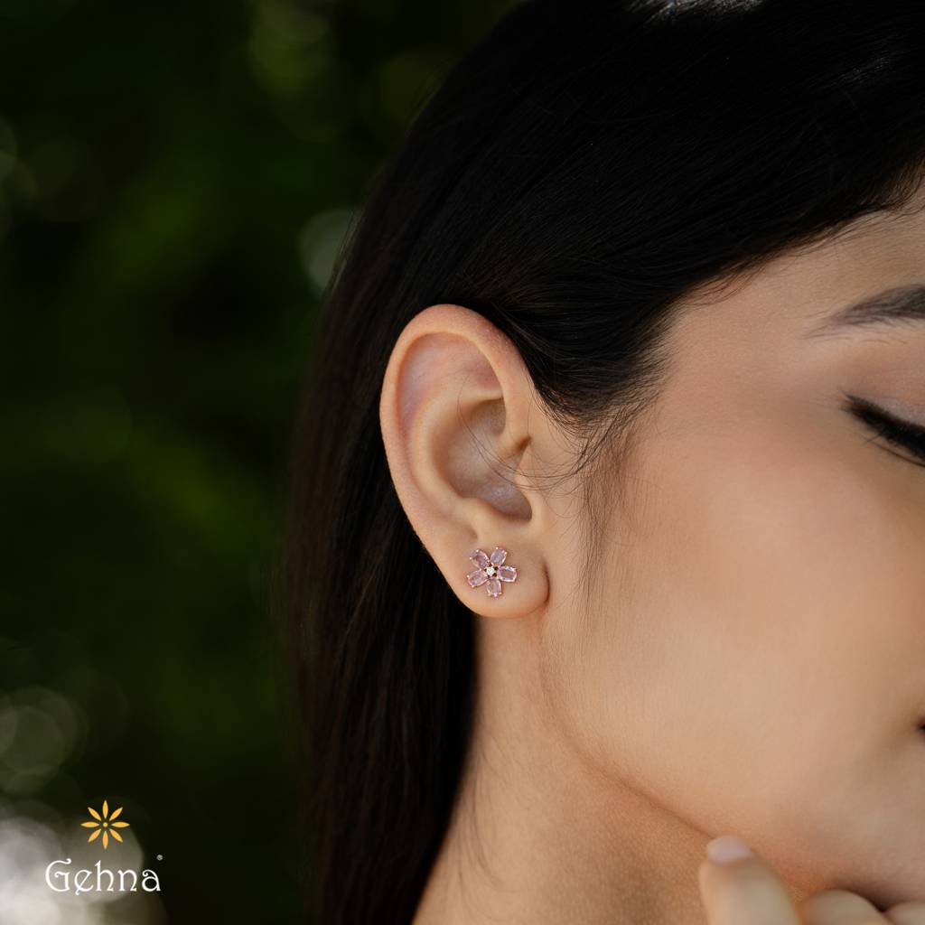 Blossoming Pink Sapphire & Diamond Gold Stud Earrings : GHDICSERRR-7667