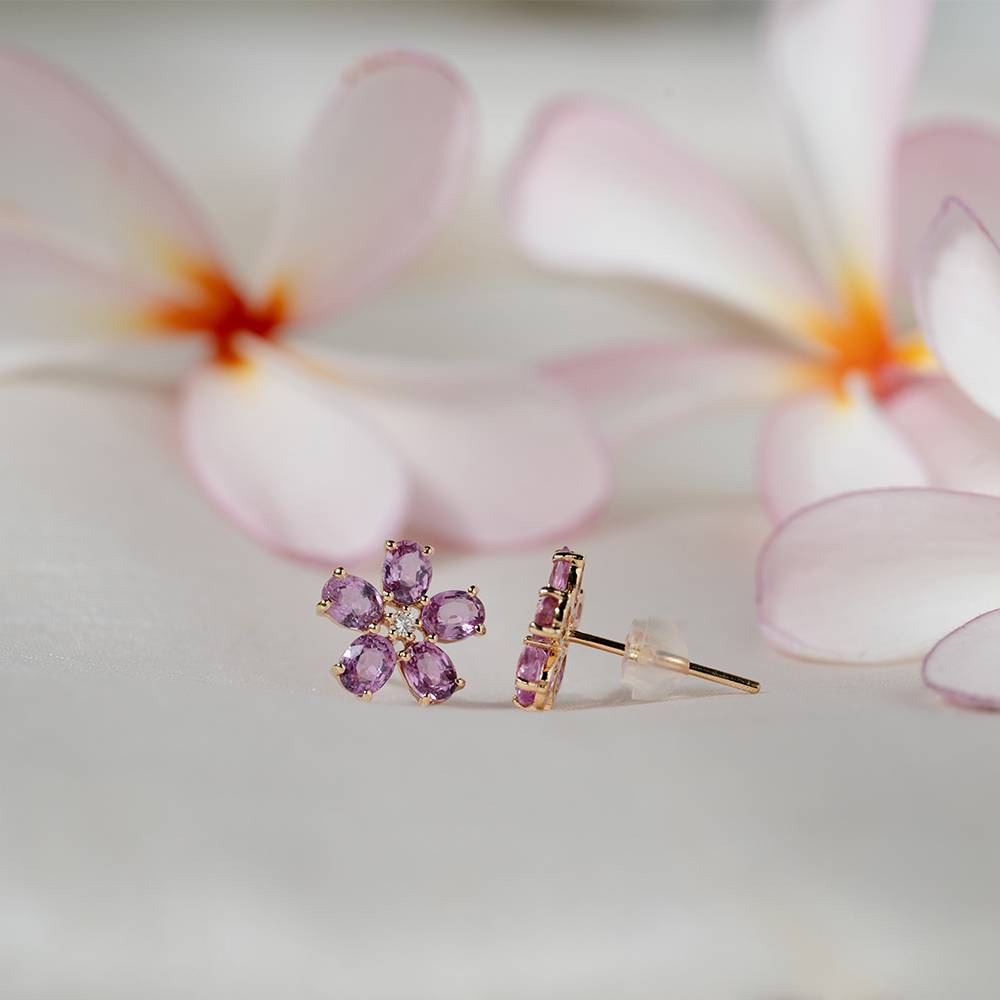 Blossoming Pink Sapphire & Diamond Gold Stud Earrings : GHDICSERRR-7667