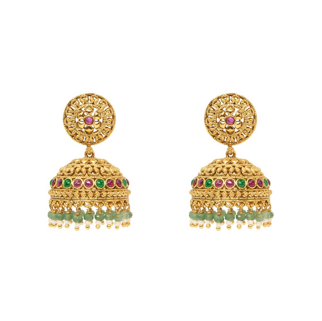 Antique Gold-Plated Jhumka With Temple Detailing & Green Beads R-2232 : R-2232
