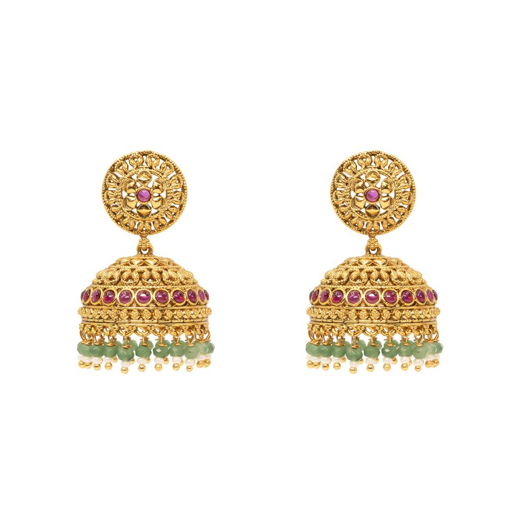 Antique Gold-Plated Jhumka With Temple Detailing & Green Beads R-2232 : R-2232
