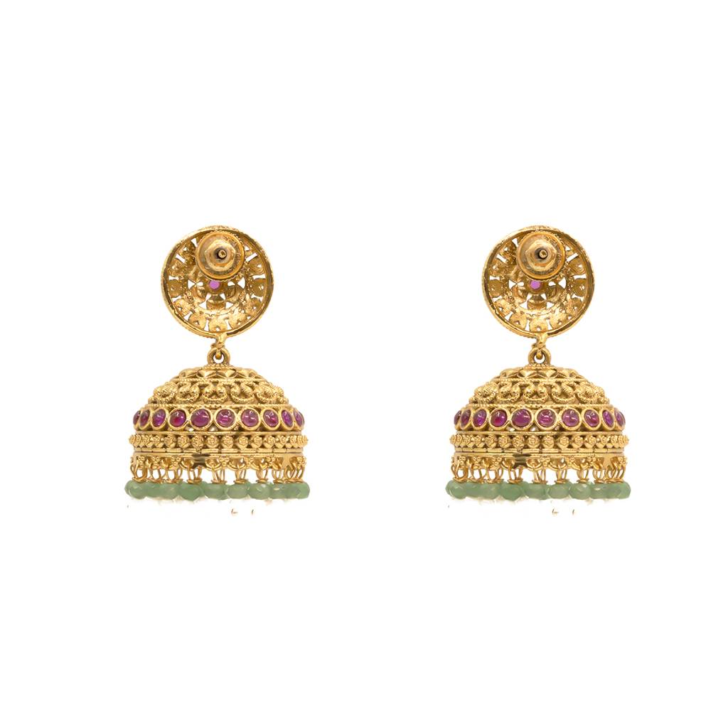 Antique Gold-Plated Jhumka With Temple Detailing & Green Beads R-2232 : R-2232