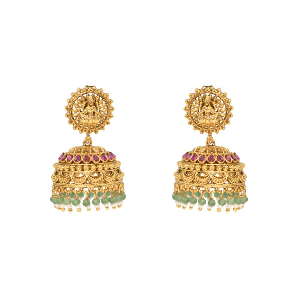 Antique Laxmi Temple Jhumka With Green Beads R-2230 : R-2230