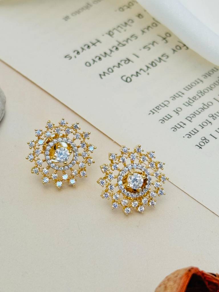 Fashionable Gold Plated American Diamond Stud Earrings : GPADPJMStudSoy