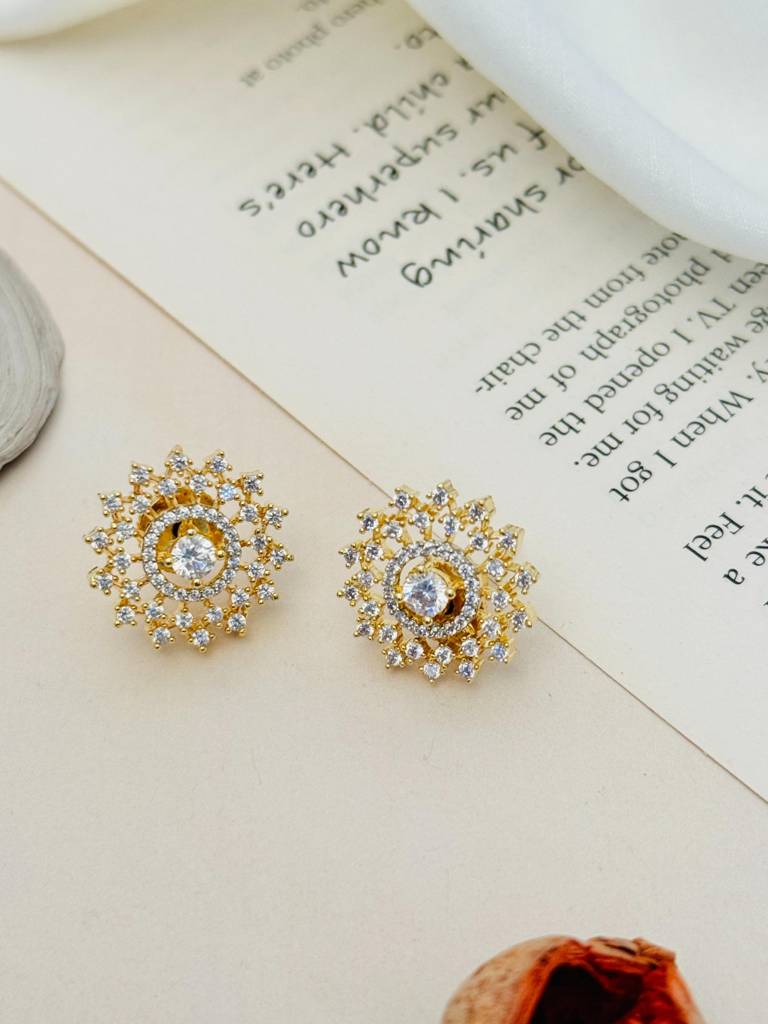 Fashionable Gold Plated American Diamond Stud Earrings : GPADPJMStudSoy