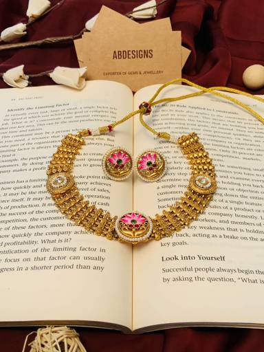 Multicolour Antique Gold Plated Kundan Necklace Set : GPAntiqueMeenakariNCLotusBabyPink