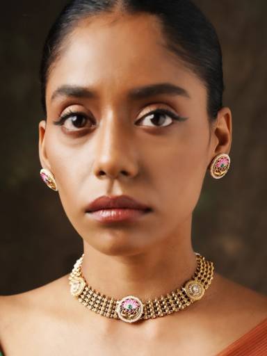 Multicolour Antique Gold Plated Kundan Necklace Set : GPAntiqueMeenakariNCLotusBabyPink