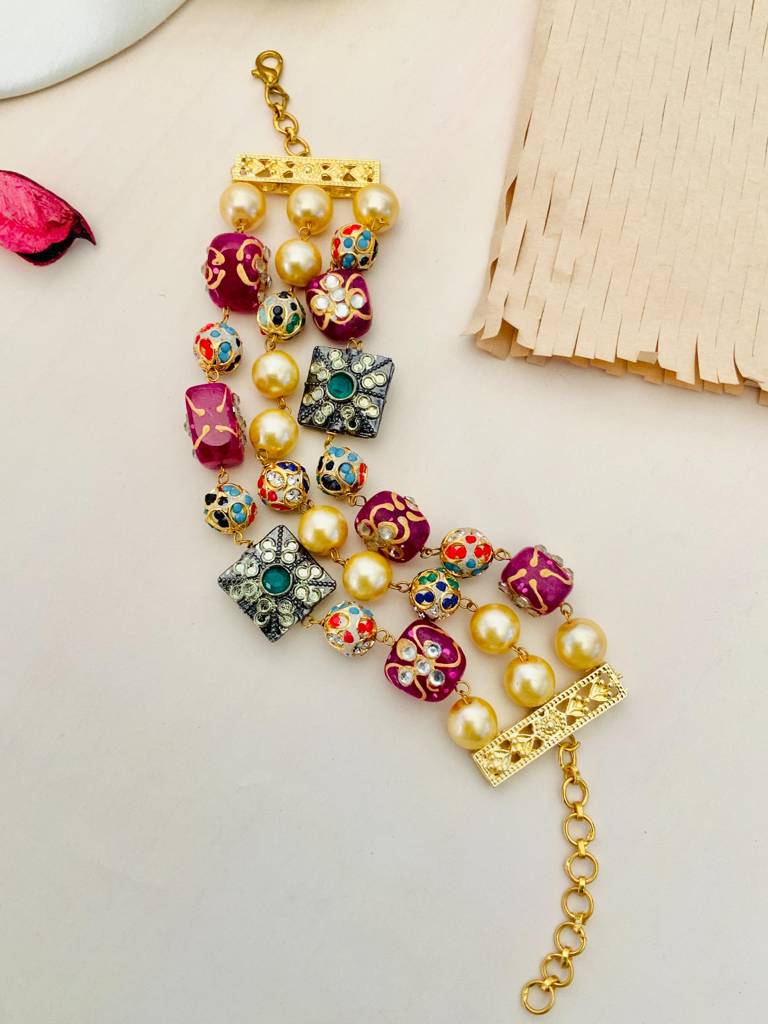 Ruby Wine Red Multicolour Jaipuri Beads Stone Hand Bracelet : GPBracelet3LWine