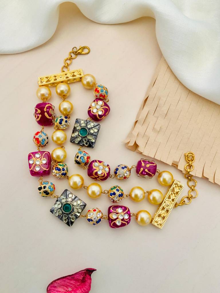 Ruby Wine Red Multicolour Jaipuri Beads Stone Hand Bracelet : GPBracelet3LWine