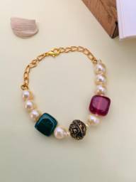 Gold Plated Monalisa Stones & Beadsstudded Statement Bracelet : GPBraceletMonalisaMulti