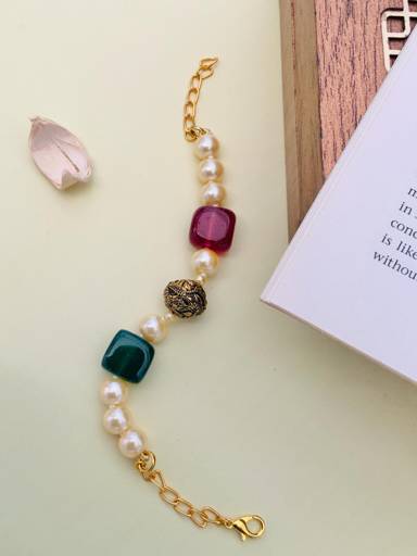 Gold Plated Monalisa Stones & Beadsstudded Statement Bracelet : GPBraceletMonalisaMulti