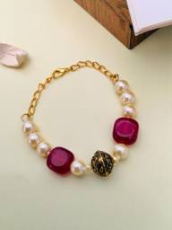 Gold Plated Monalisa Stone & Beads Studded Statement Bracelet : GPBraceletMonalisaRed