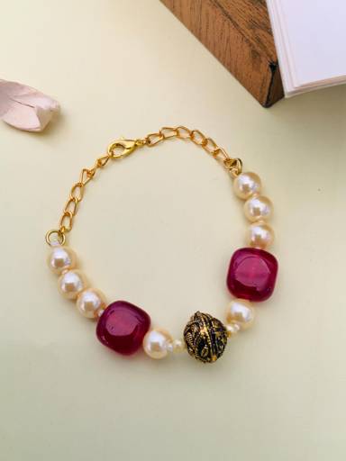 Gold Plated Monalisa Stone & Beads Studded Statement Bracelet : GPBraceletMonalisaRed