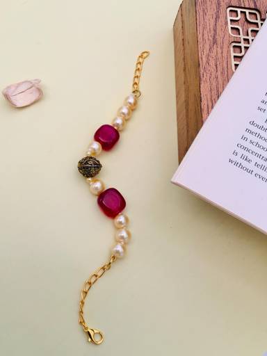 Gold Plated Monalisa Stone & Beads Studded Statement Bracelet : GPBraceletMonalisaRed