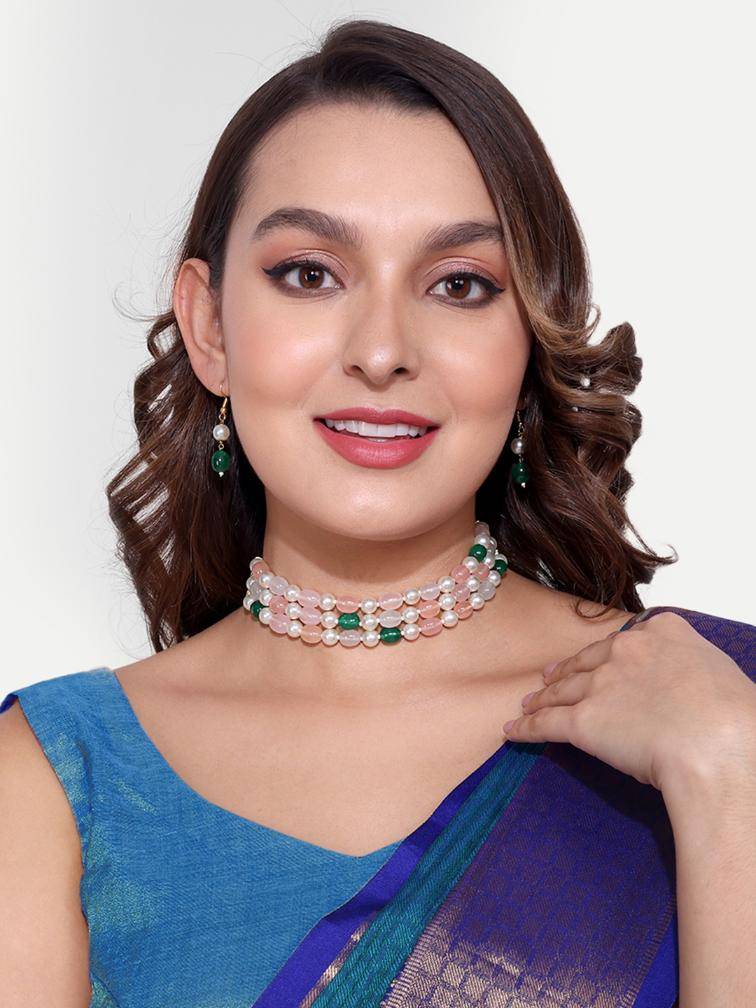 Gold Plated Jaipuri Multi Colour Bead Chocker Necklace With Pair Of Earrings : GPChokerJaipuriPearl