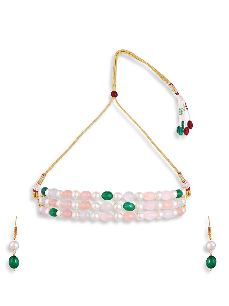 Gold Plated Jaipuri Multi Colour Bead Chocker Necklace With Pair Of Earrings : GPChokerJaipuriPearl