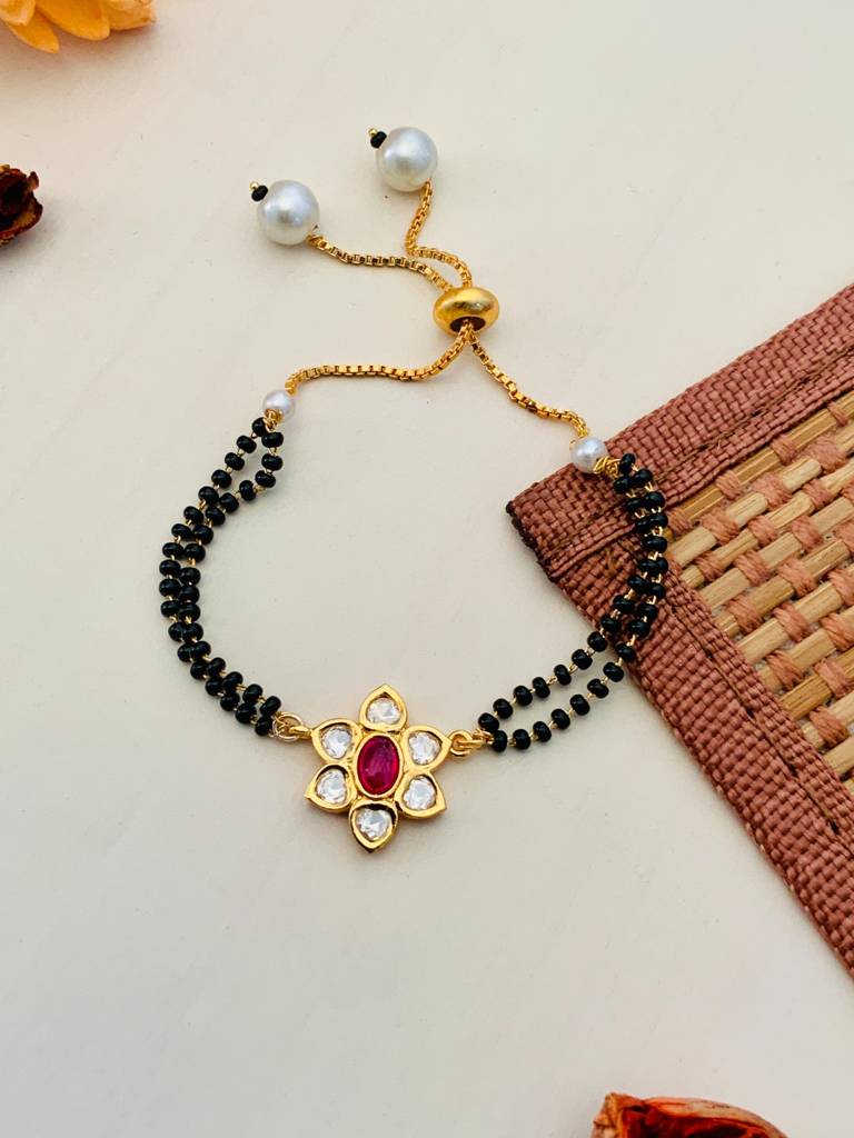 Gold Plated Pink Flower Kundan Flower Hand Mangalsutra : GPHMAqua