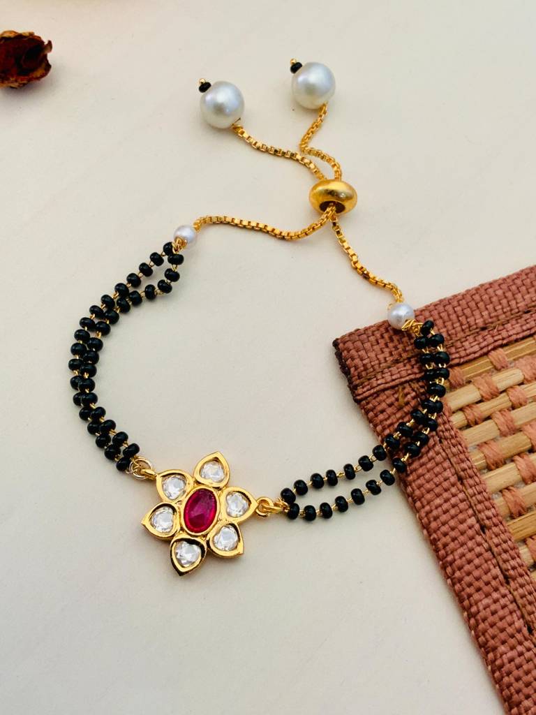 Gold Plated Pink Flower Kundan Flower Hand Mangalsutra : GPHMAqua
