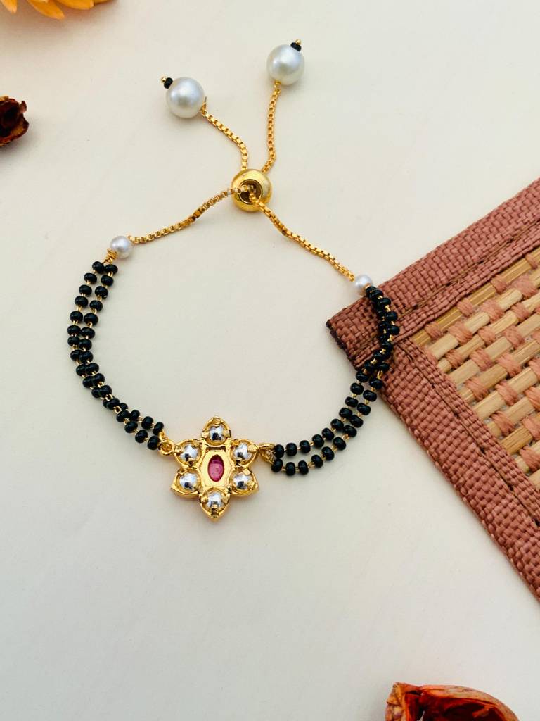 Gold Plated Pink Flower Kundan Flower Hand Mangalsutra : GPHMAqua