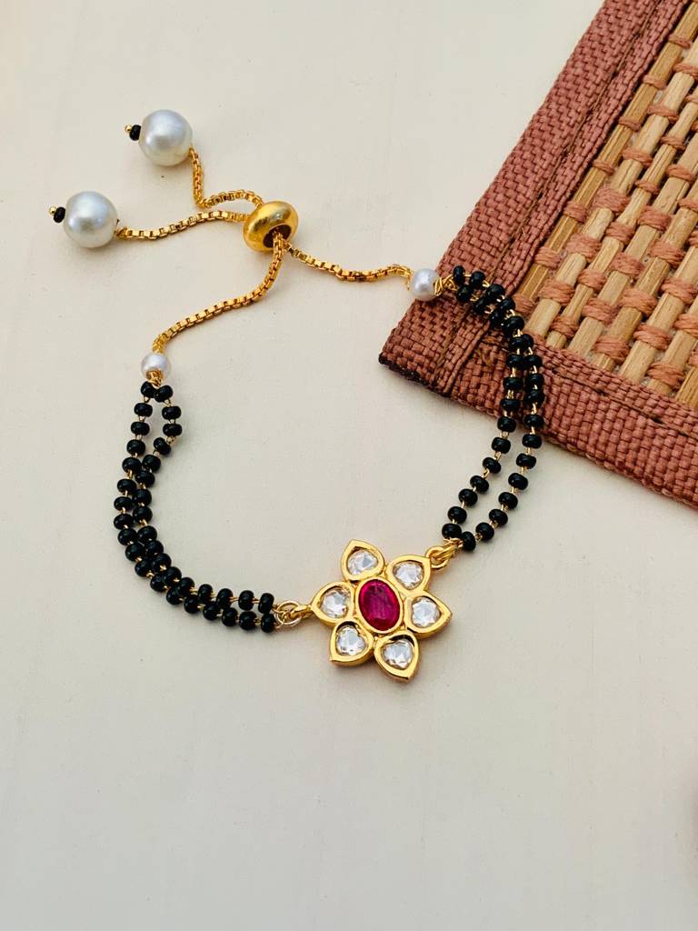 Gold Plated Pink Flower Kundan Flower Hand Mangalsutra : GPHMAqua