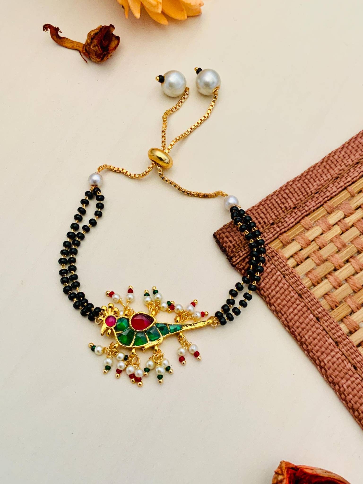 Ethnic Gold Plated Multicolour Parrot Pachi Kundan Hand Mangalsutra : GPHMPKParrotPinkGreen