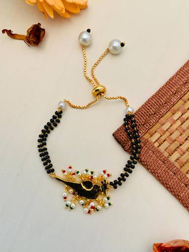 Ethnic Gold Plated Multicolour Parrot Pachi Kundan Hand Mangalsutra : GPHMPKParrotPinkGreen