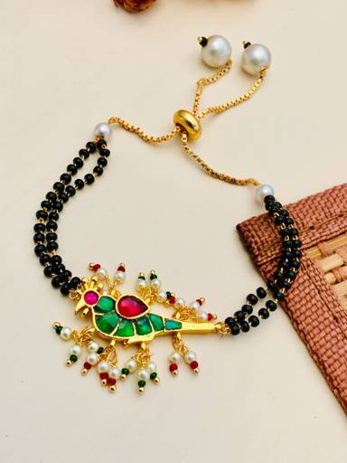 Ethnic Gold Plated Multicolour Parrot Pachi Kundan Hand Mangalsutra : GPHMPKParrotPinkGreen