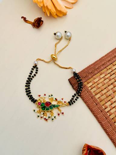 Ethnic Gold Plated Multicolour Parrot Pachi Kundan Hand Mangalsutra : GPHMPKParrotPinkGreen